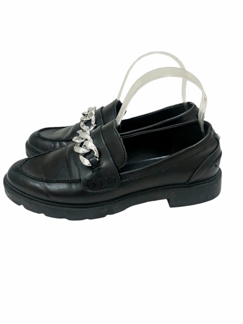 Anne Klein AK Black Leather Silver Chain Chunky Penny Platform Loafers